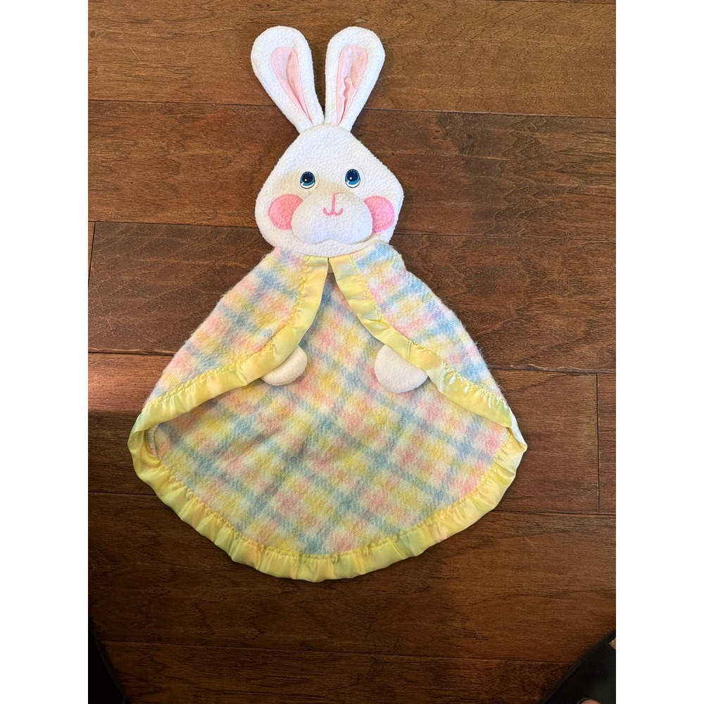 Fisher Price Vintage Bunny Lovey Security Blanket Pastel Plaid Satin Ruffle